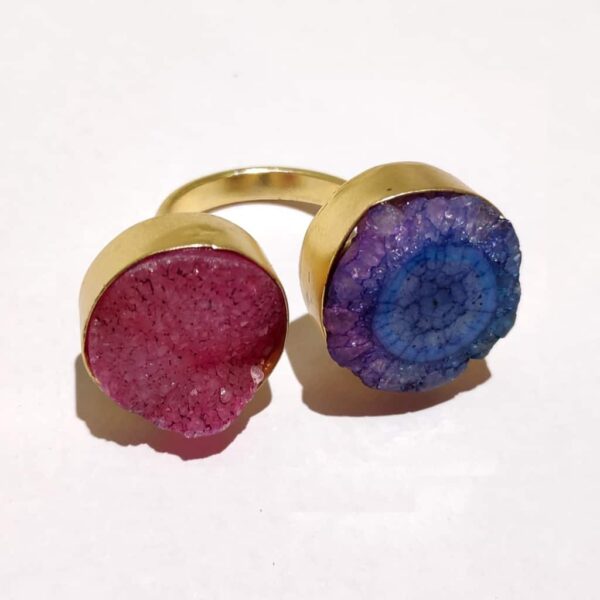 Pink Blue Purple Drusy Agate Bi-finger Gold Plated Ring Top