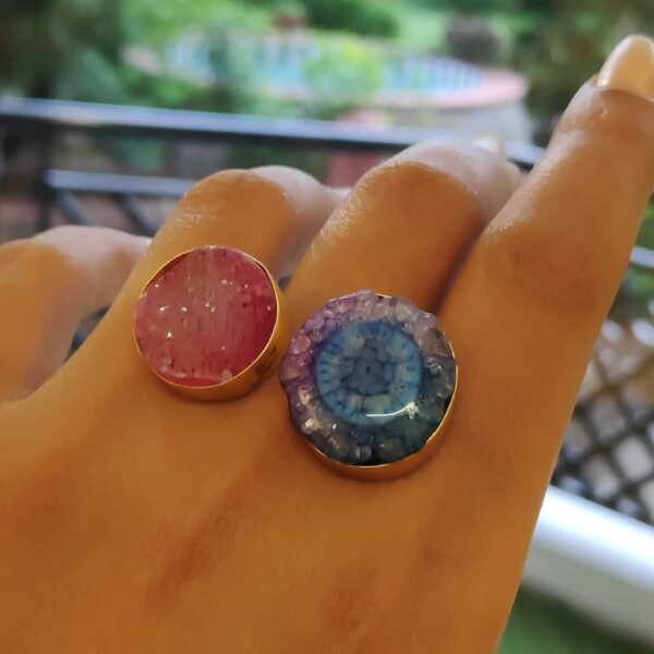 Pink Blue Purple Drusy Agate Bi-finger Gold Plated Ring Hand