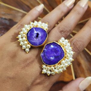 Purple Fantasy Bi-finger Pearl Fringe Fashion Statement Ring Closeup