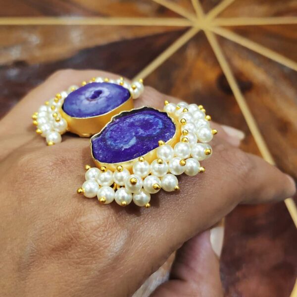 Purple Fantasy Bi-finger Pearl Fringe Fashion Statement Ring Side