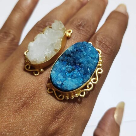 Ocean Blue & Angel White Drusy Adjustable Bi-finger Ring