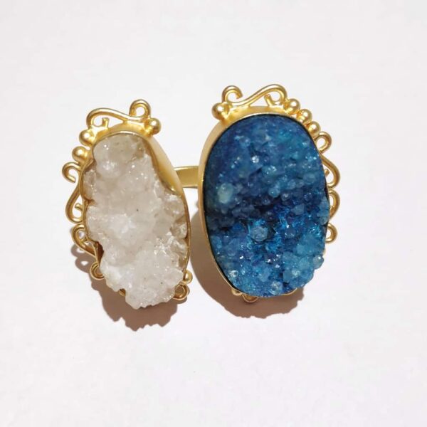 Ocean Blue & Angel White Drusy Adjustable Bi-finger Rings Top