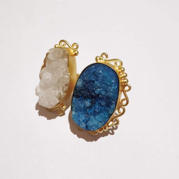 Ocean Blue & Angel White Drusy Adjustable Bi-finger Rings Front