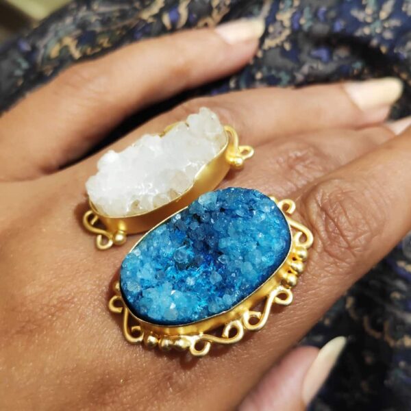 Ocean Blue & Angel White Drusy Adjustable Bi-finger Rings Hand