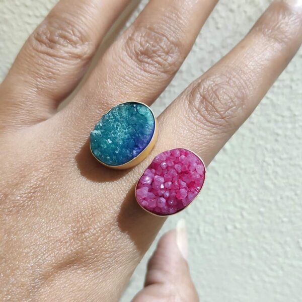 Gold Plated Sugar Crush Blue & Pink Fashion Drusy Ring Hand