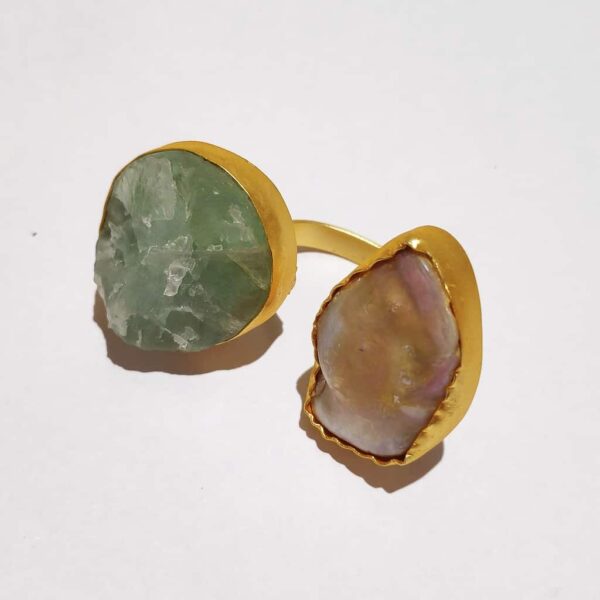 Ocean Green Rock & Baroque Pearl Bi-finger Gold Plated Ring
