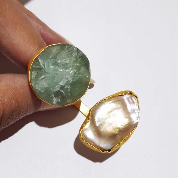 Ocean Green Rock & Baroque Pearl Bi-finger Gold Plated Ring