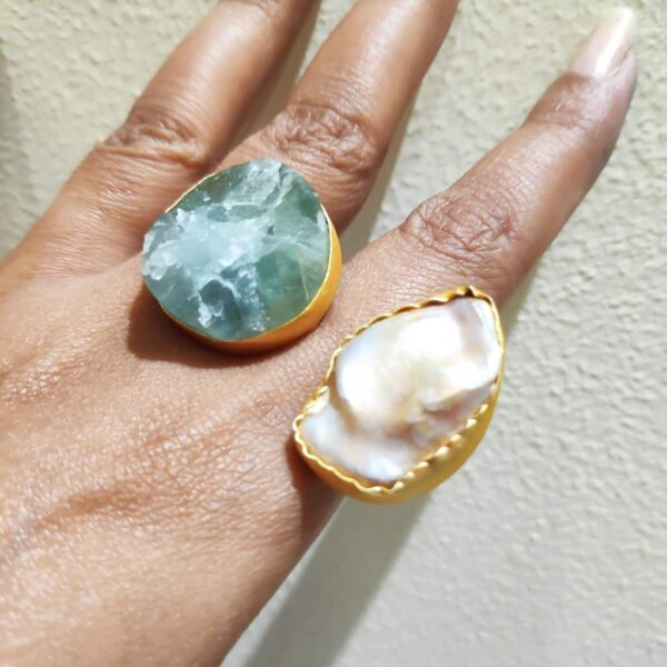 Ocean Green Rock & Baroque Pearl Bi-finger Gold Plated Ring Hand