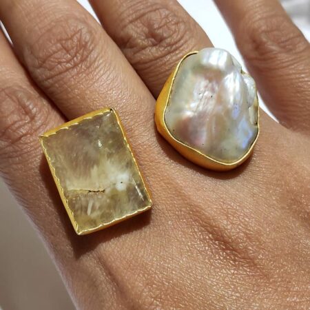 Rectangle Yellow Pastel Rock Baroque MOP Pearl Bi-finger Ring