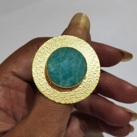 Circular Textured Ocean Amazonite Blue Ring Gold Plated