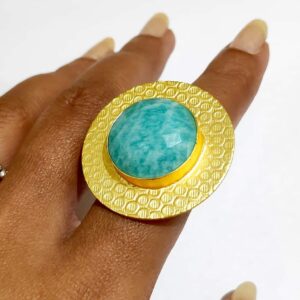 Circular Textured Ocean Amazonite Blue Ring Gold Plated Hand