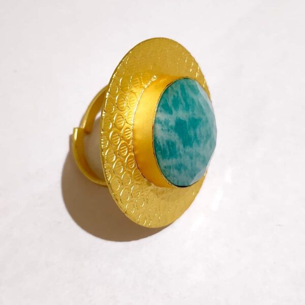 Circular Textured Ocean Amazonite Blue Ring Gold Plated Side