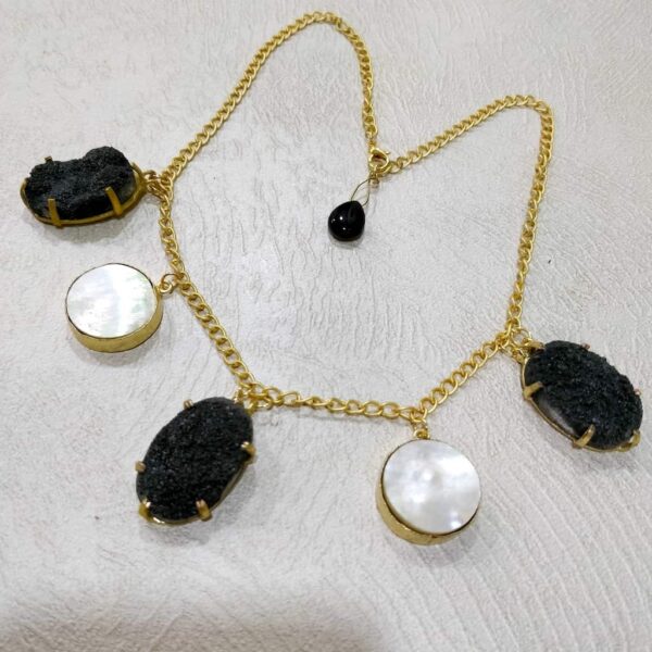 Black Drusy and White Mother of Pearl Necklace Closeup