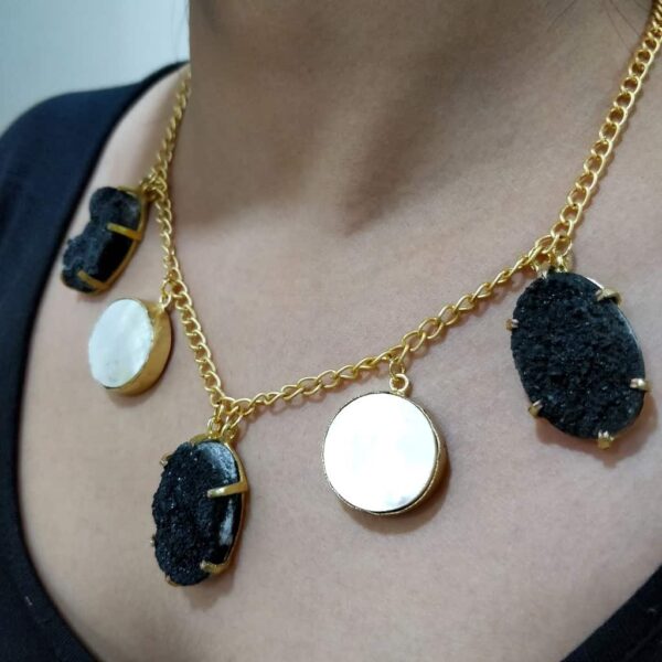 Black Drusy and White Mother of Pearl Necklace Side