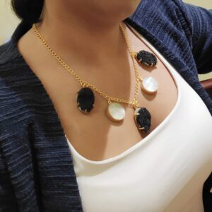 Black Druzy and White Mother of Pearl Goldplated Adjustable Necklace Lifestyle Image