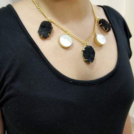 Black Druzy and White Mother of Pearl Goldplated Adjustable Necklace