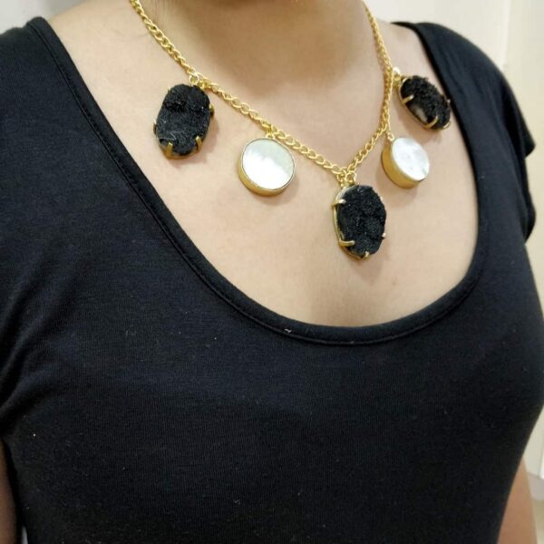 Black Drusy and White Mother of Pearl Necklace Body Image