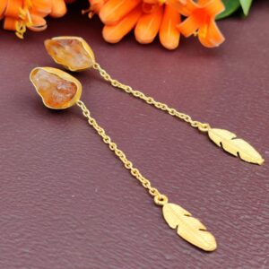 Mismatched Feather Long Chain Earrings with Raw Gemstones 2