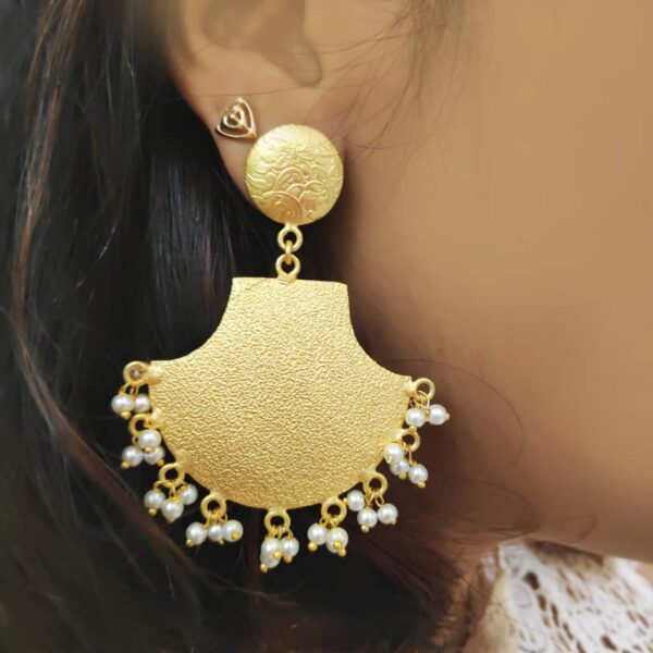 Round Top Textured Fan Earrings with Pearl Drops on Ears