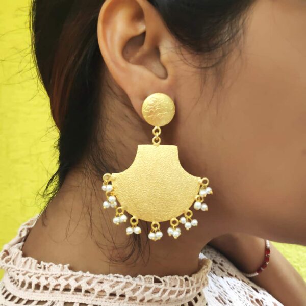 Round Top Textured Fan Earrings with Pearl Drops Styling on Ears