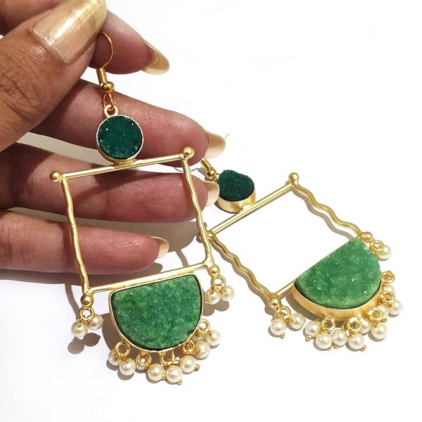 Green Drusy Golden Frame Fashion Earring with Pearl Fringe in Hand Closeup