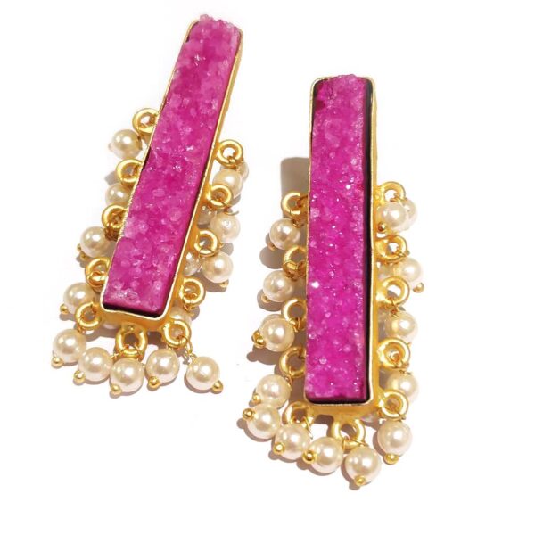 Pink Drusy Gold Plated Long Fashion Studs with Pearl Fringe