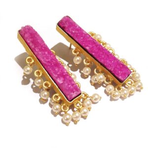 Pink Drusy Gold Plated Long Fashion Studs with Pearl Fringe Side