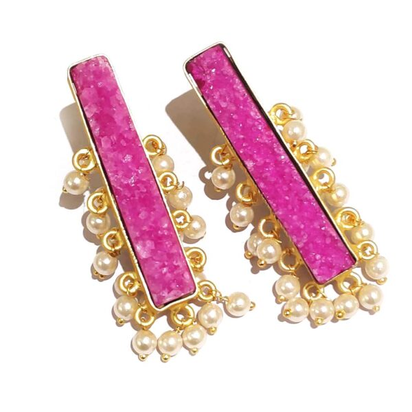 Pink Drusy Gold Plated Long Fashion Studs with Pearl Fringe Top