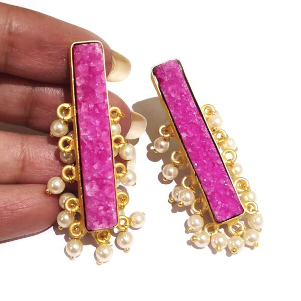 Pink Drusy Gold Plated Long Fashion Studs with Pearl Fringe on Hand