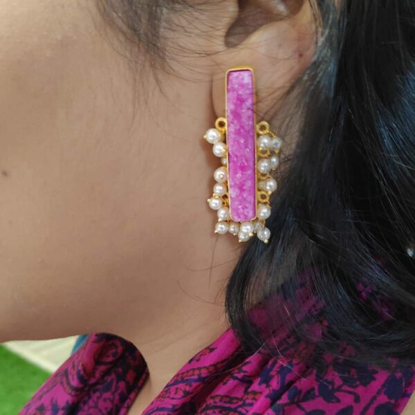 Pink Drusy Gold Plated Long Fashion Studs with Pearl Fringe on Ears
