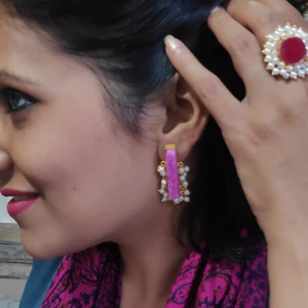 Pink Drusy Gold Plated Long Fashion Studs with Pearl Fringe on Ears with Ring