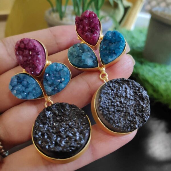 Multi-color Drusy Gold Plated Fashion Dangler Earrings in Hands 1