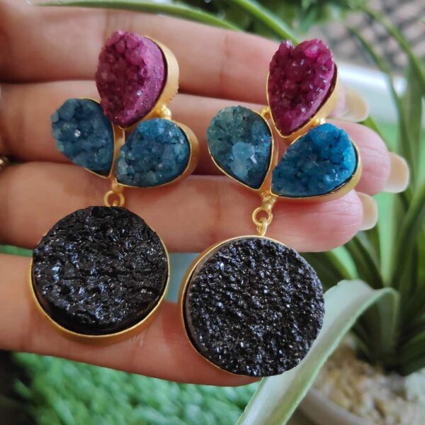 Multi-color Drusy Gold Plated Fashion Dangler Earrings in Hands