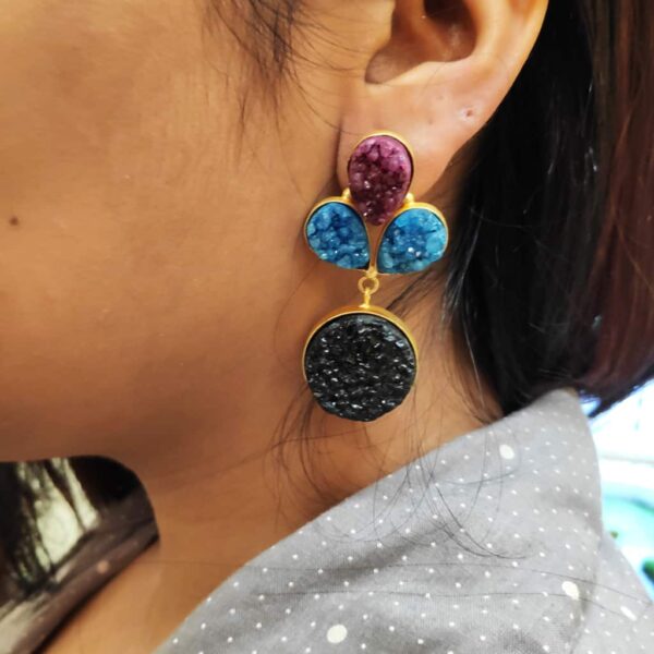 Multi-color Drusy Gold Plated Fashion Dangler Earrings on Ears