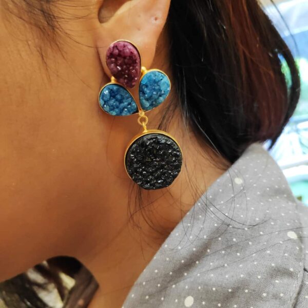 Multi-color Drusy Gold Plated Fashion Dangler Earrings Styling on Ears