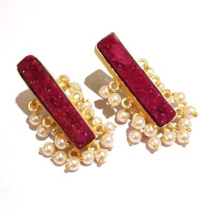 Maroon Red Drusy Gold Plated Fashion Studs with Pearl Fringe