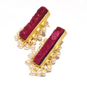 Maroon Red Drusy Gold Plated Fashion Studs with Pearl Fringe Side