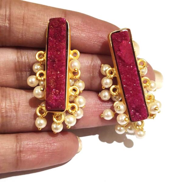 Maroon Red Drusy Gold Plated Fashion Studs with Pearl Fringe in Hands Closeup