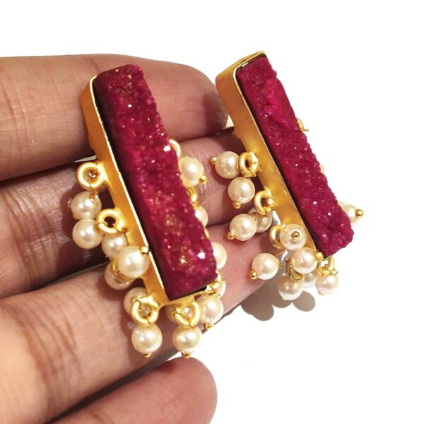 Maroon Red Drusy Gold Plated Fashion Studs with Pearl Fringe in Hands