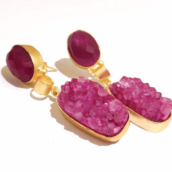 Magenta Sugar Crush Druzy Dangle Gold Plated Earrings Closeup