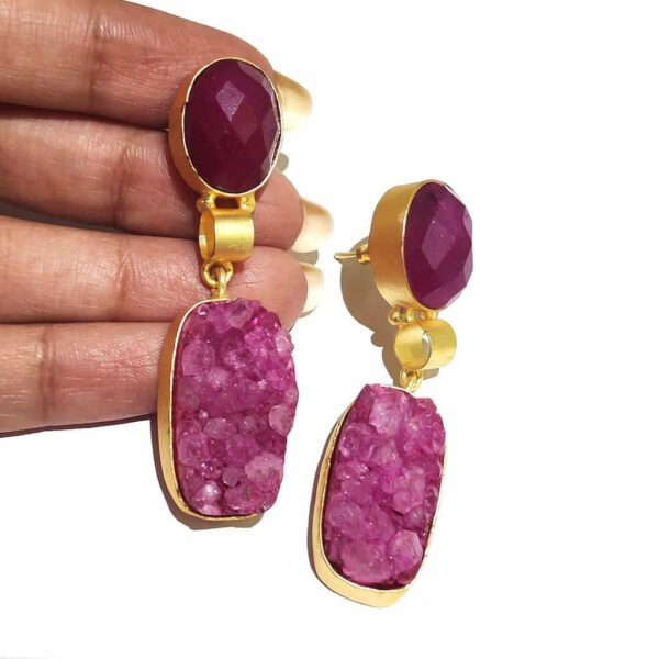 Magenta Sugar Crush Druzy Dangle Gold Plated Earrings on Hands