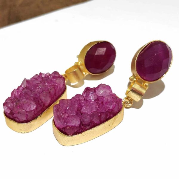 Magenta Sugar Crush Druzy Dangle Gold Plated Earrings Side