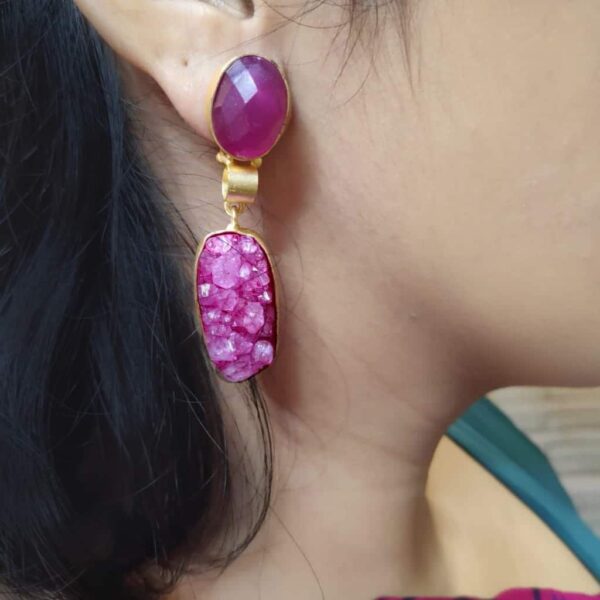 Magenta Sugar Crush Druzy Dangle Gold Plated Earrings Body Closeup