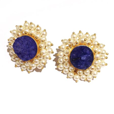 Round Purple Drusy Stud Earrings with Pearl Fringe Halo