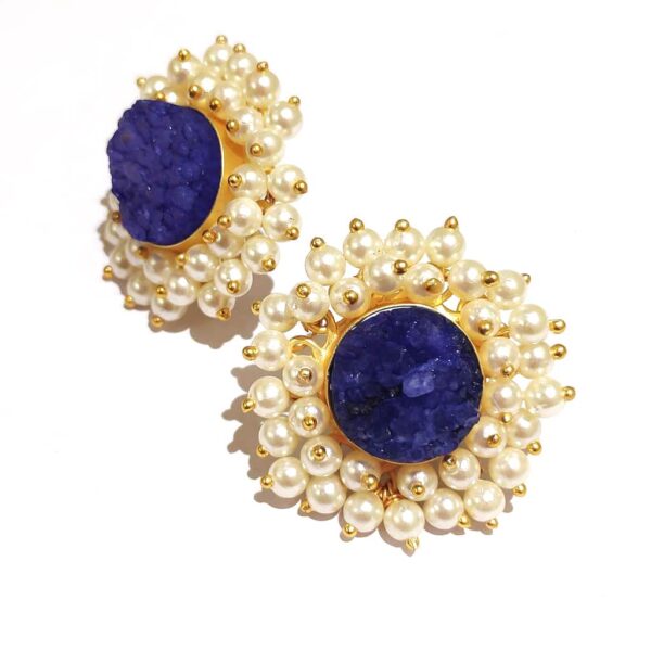 Round Purple Drusy Stud Fashion Earrings with Pearl Fringe Halo Side