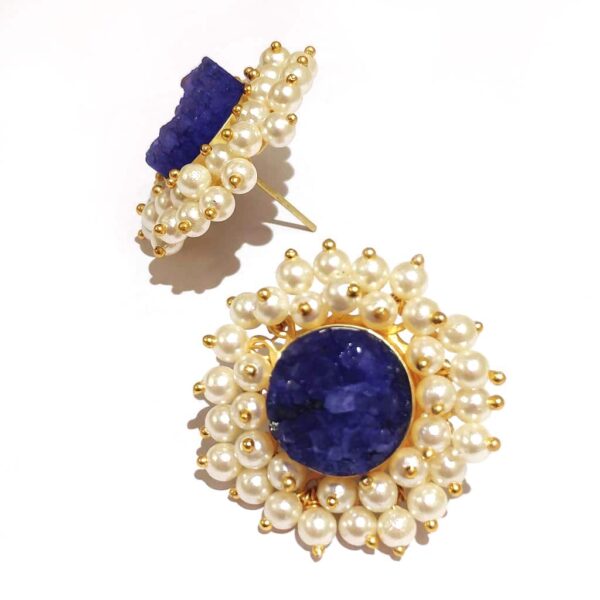 Round Purple Drusy Stud Fashion Earrings with Pearl Fringe Halo Side1