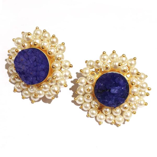 Round Purple Drusy Stud Fashion Earrings with Pearl Fringe Halo Side2