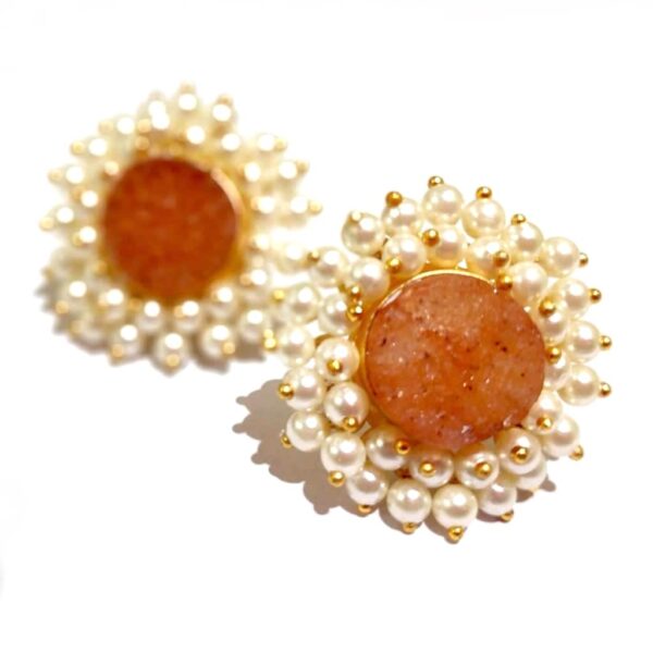 Round Orange Drusy Stud Fashion Earrings with Pearl Fringe Halo Closeup