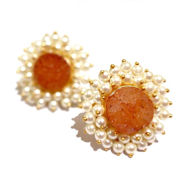 Round Orange Drusy Stud Fashion Earrings with Pearl Fringe Halo Side2