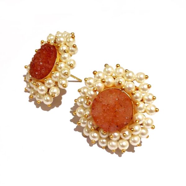 Round Orange Drusy Stud Fashion Earrings with Pearl Fringe Halo Side